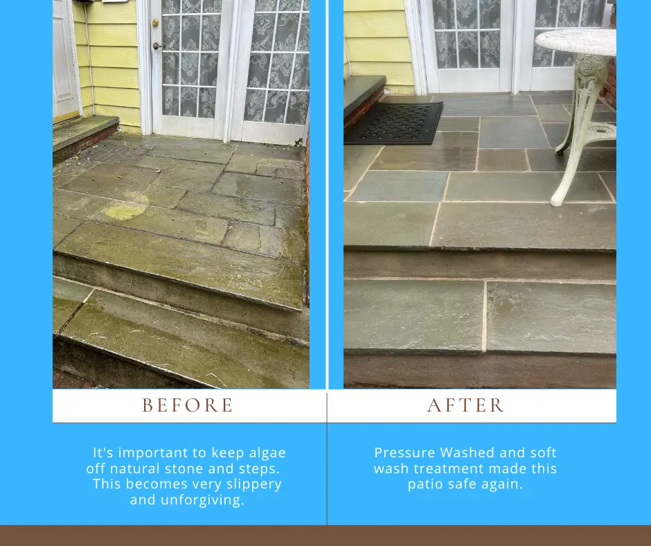 Slippery blue stone patio before and after cleaning
