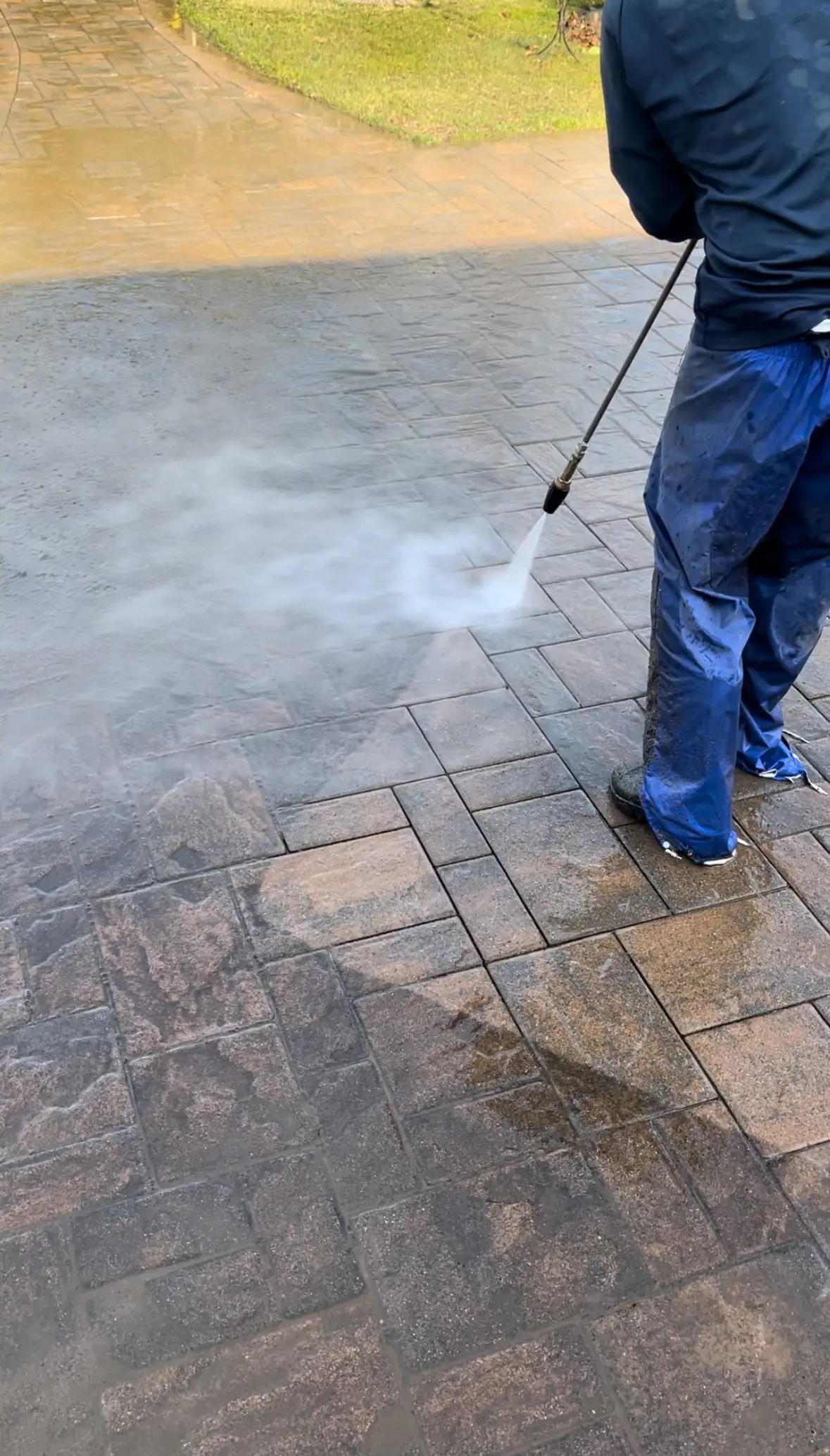 Paver patio being deep cleaned